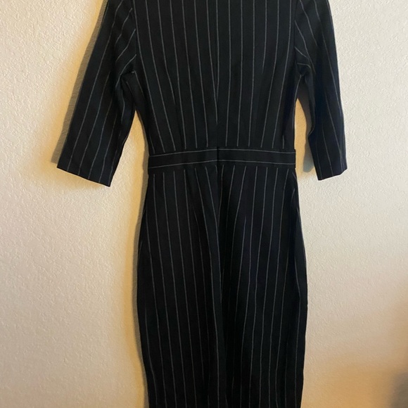LONYUASH Elegant Black Vertical Striped Sheath Belted 3/4 Sleeves Office Dress S - Picture 14 of 16